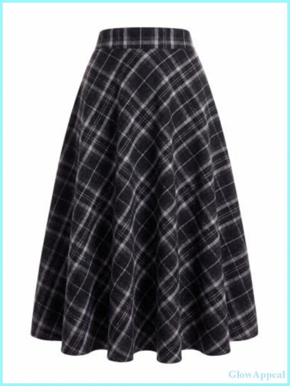 Plaid Wool Blend A-Line Skirt Elastic Waist Pockets Flowy Midi Fall Winter
